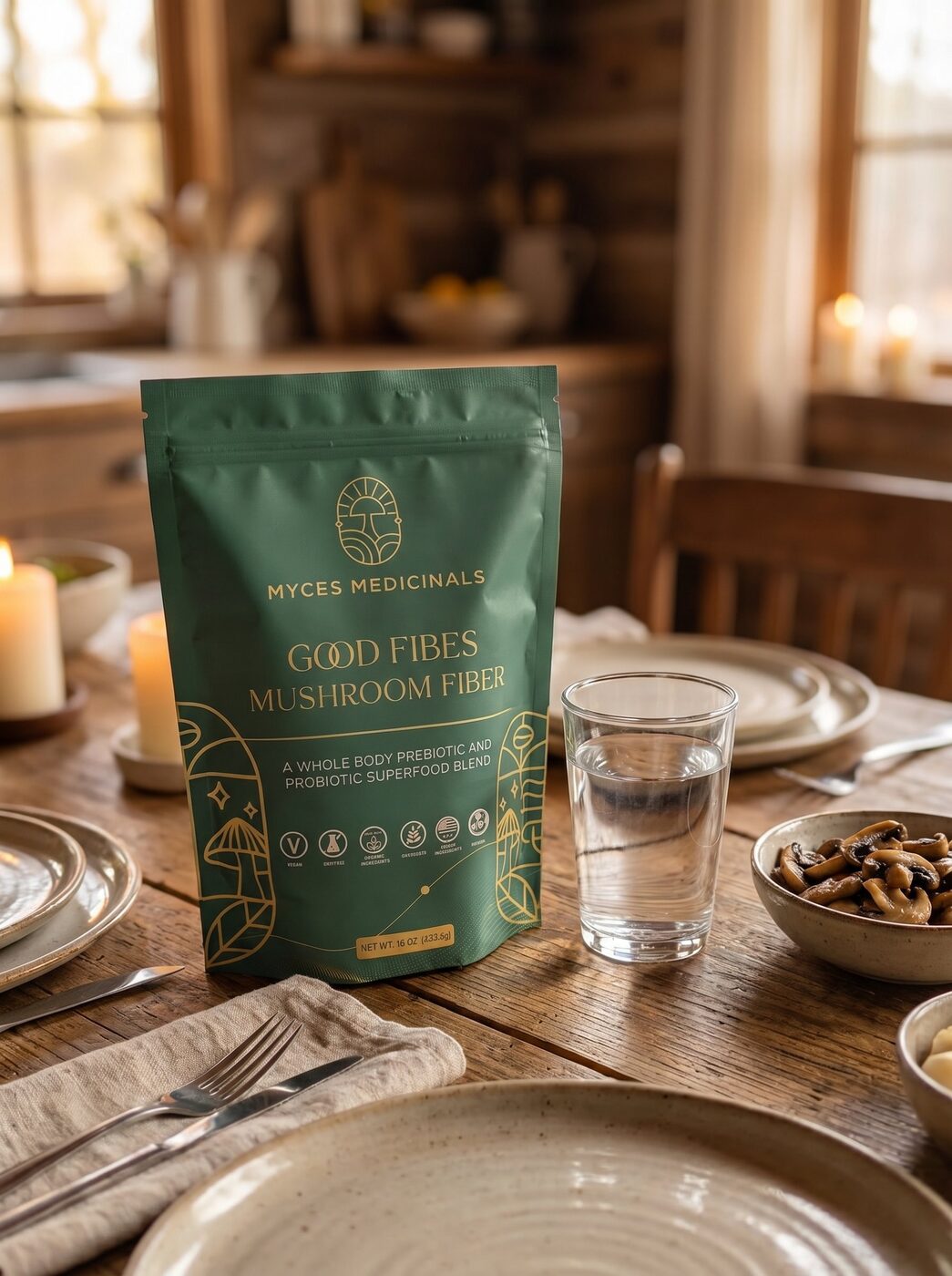 Good Fibes pouch on a rustic dinner table with sauteed mushrooms